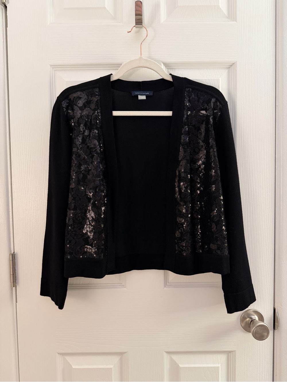 Tommy Hilfiger Black Sequin Open Front Cropped Cardigan Medium